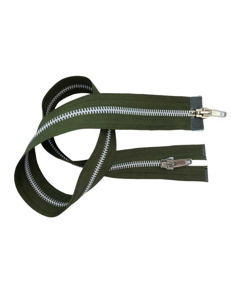 Zip Closure Military Green Double Cursor Chain 6 Silver Metal 60 Cm Long