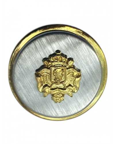 Round shiny metal button with gold coat of arms shank on a silver base