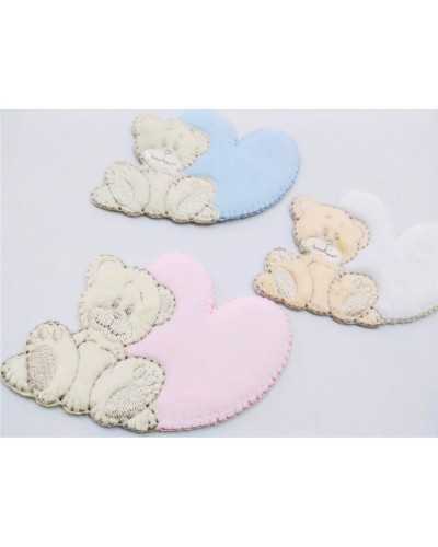 Thermoadhesive application baby beige teddy bear in velvet with heart 12x9 cm