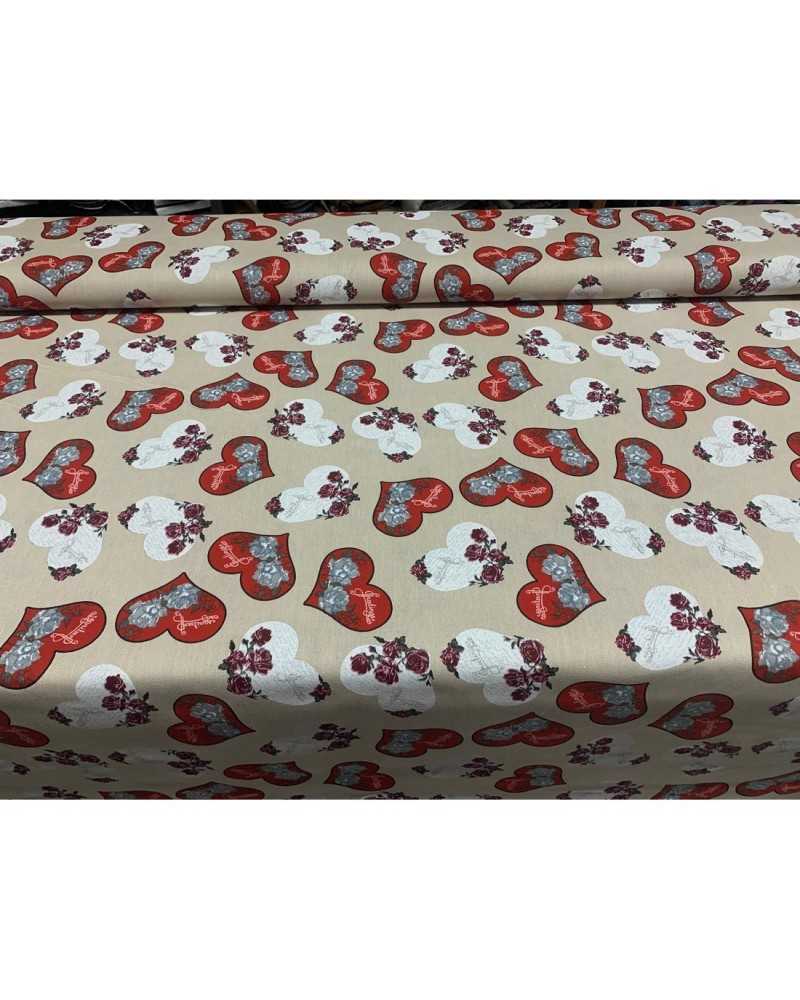 50 cm Tela Panamá Tapicería Corazones estampados con rosas rojas shabby 280 cm alto