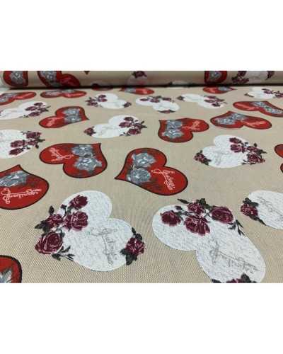 50 cm Panama fabric Upholstery Printed hearts with red shabby roses 280 cm high