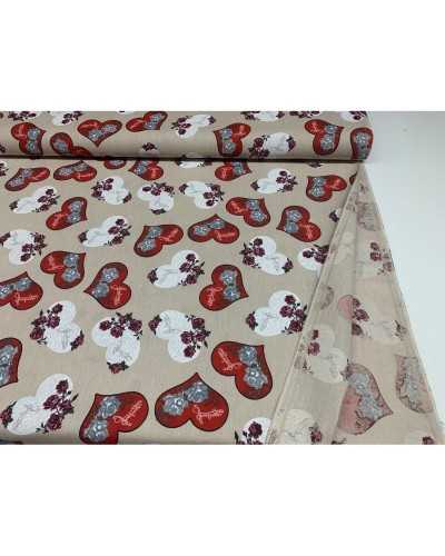 50 cm Tela Panamá Tapicería Corazones estampados con rosas rojas shabby 280 cm alto