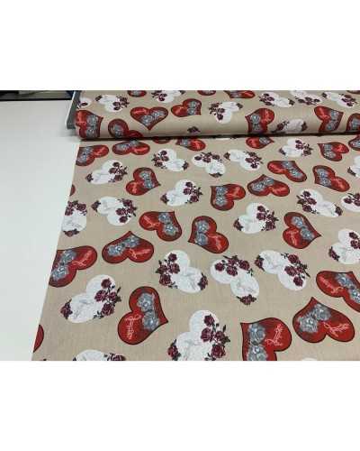 50 cm Panama fabric Upholstery Printed hearts with red shabby roses 280 cm high