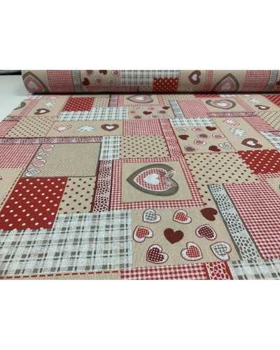 50 cm Panama-Stoff für Polsterung, bedruckte Herzen, schottische gemischte Spitze, Shabby-Rot, 280 cm hoch