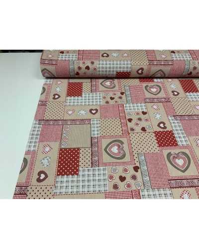 50 cm Panama-Stoff für Polsterung, bedruckte Herzen, schottische gemischte Spitze, Shabby-Rot, 280 cm hoch