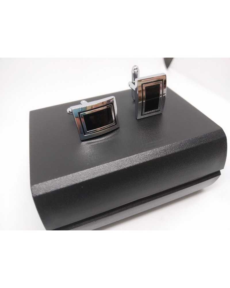 Cufflinks Rectangular Silver and Black Buttons in Shiny Metal