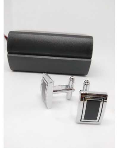 Boutons de Manchette Rectangulaires Argent et Boutons Noirs en Métal Brillant
