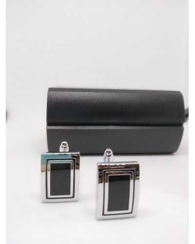 Gemelos Rectangulares Plata y Botones Negros en Metal Brillante