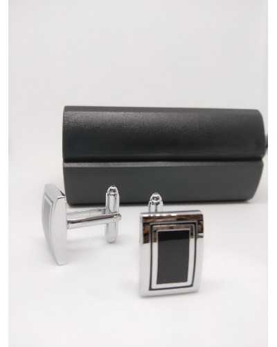Cufflinks Rectangular Silver and Black Buttons in Shiny Metal