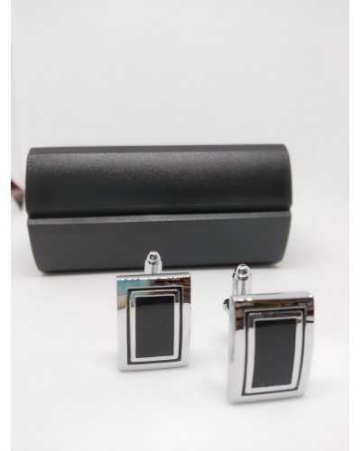 Boutons de Manchette Rectangulaires Argent et Boutons Noirs en Métal Brillant