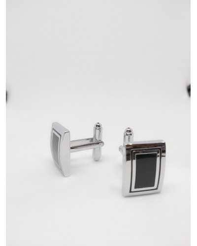 Boutons de Manchette Rectangulaires Argent et Boutons Noirs en Métal Brillant
