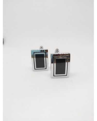 Boutons de Manchette Rectangulaires Argent et Boutons Noirs en Métal Brillant