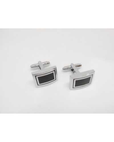 Cufflinks Rectangular Silver and Black Buttons in Shiny Metal