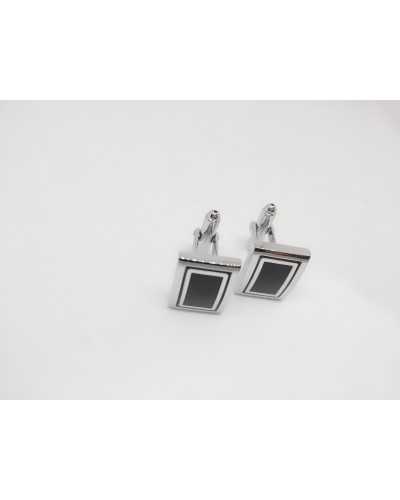 Cufflinks Rectangular Silver and Black Buttons in Shiny Metal