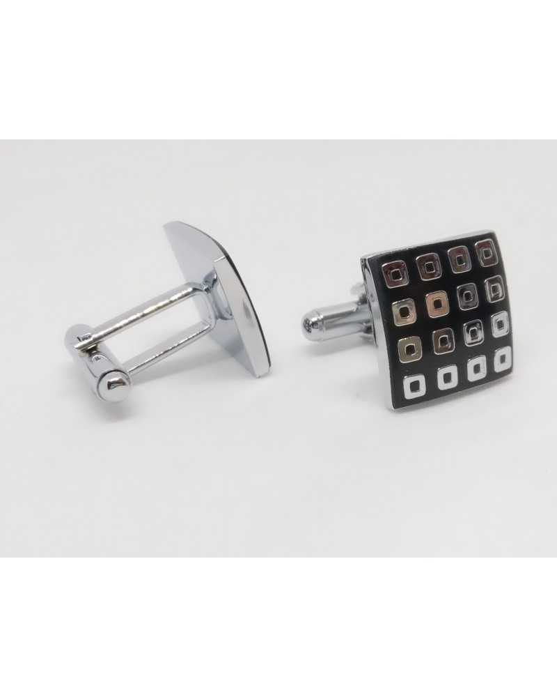 Cufflinks with Silver and Black Square Buttons in Shiny Metal