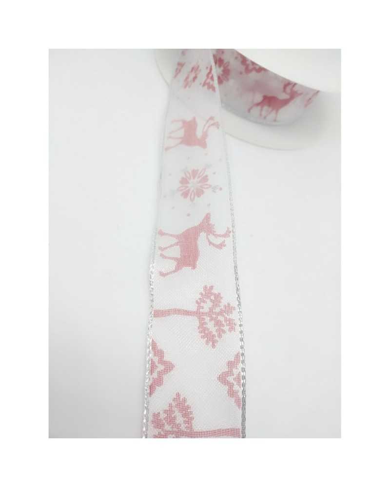 Passamaneria Nastro Natale Bianco Stampato Fiori Renna Albero Rosso Alto 25 Mm