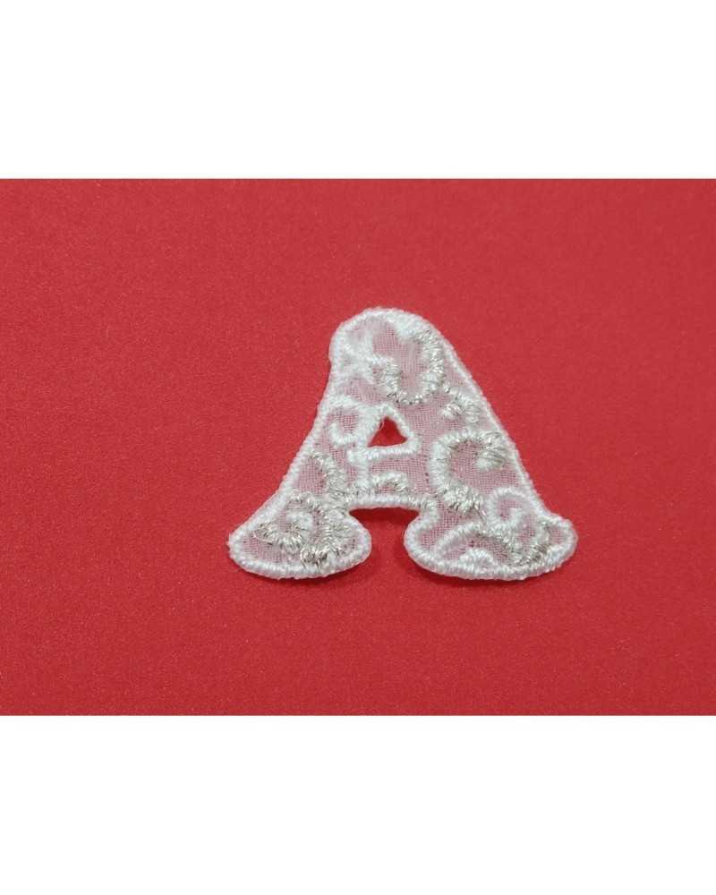 Thermoadhesive Letter in Sangallo Base White Organza Embroidered Silver Lurex High 3 Cm