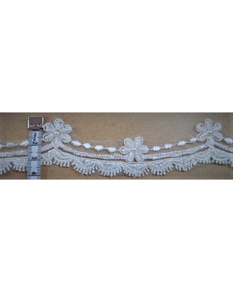 Verzierungen, Braut-Spitze, weißer Milchtüll, gewellter Perlen-Finish, 4 cm hoch