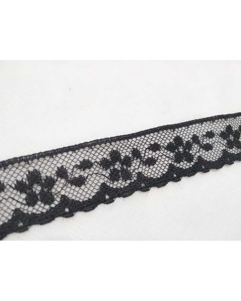 Schwarze, weiche Raschelspitze mit gewelltem Blumenmuster, 25 mm hoch