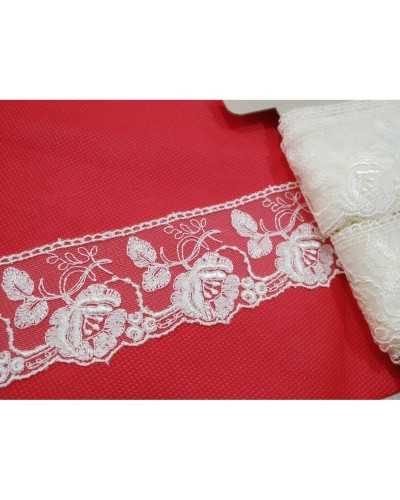 Pasamanería Encaje Tul Crema Bordado Festoneado Dis. Rosa 55mm de alto