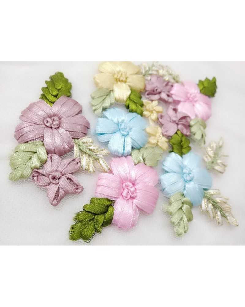 Application To Sew Tulle With Flowers In Satin And Gold Lurex Cm 12x12