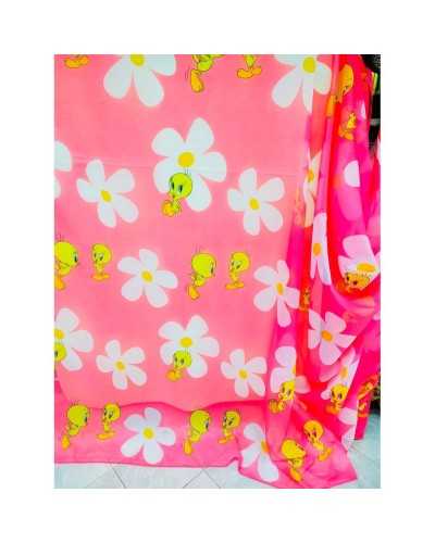 Vorhang Meterware Schleier Titti mit weißen Blumen und rosa Hintergrund 2,80 hoch mit Endleine