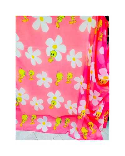 Vorhang Meterware Schleier Titti mit weißen Blumen und rosa Hintergrund 2,80 hoch mit Endleine