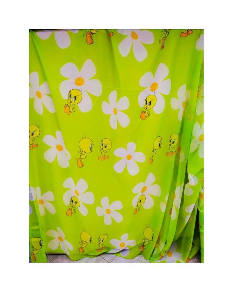 Stoffvorhang Schleier Tweety mit weißer Blume hoch 280 cm