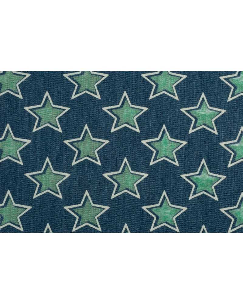 Tela Jeans Algodón Ligero Estampado Estrellas Verde 140 Cm Alto