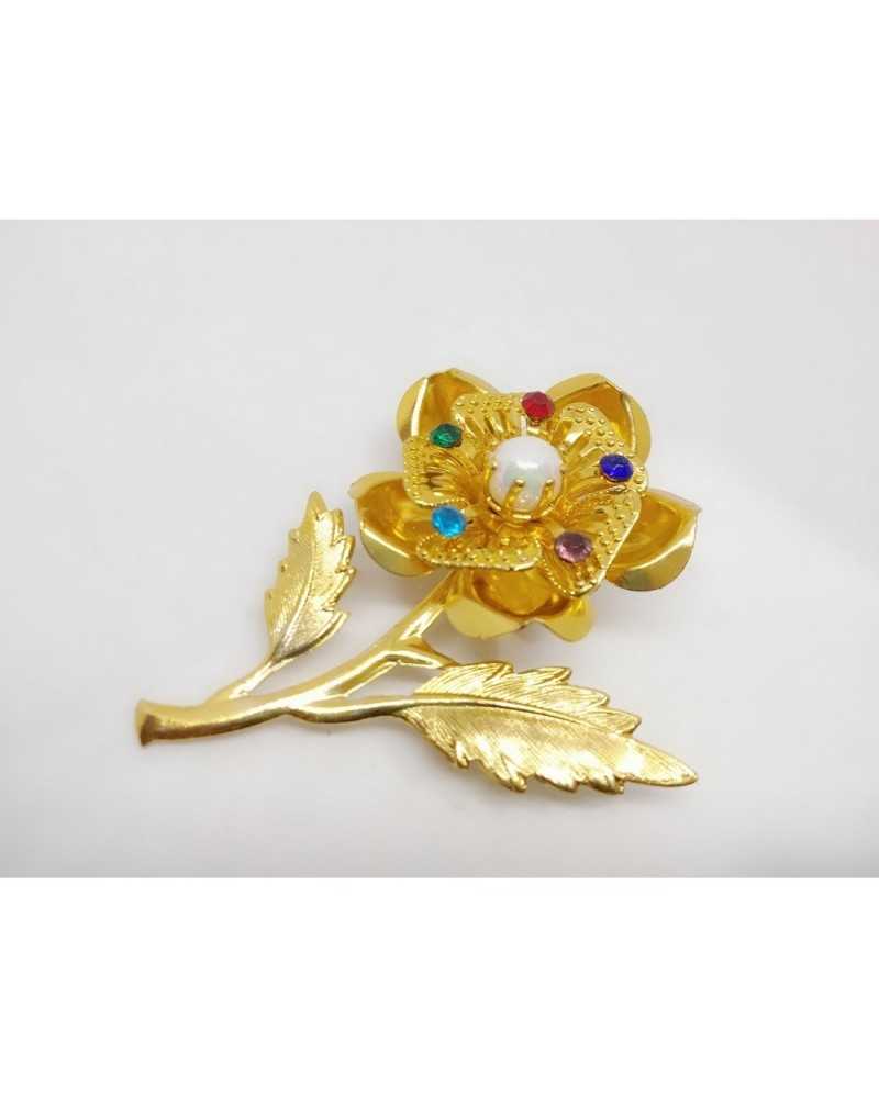 Application Brooch Pink Flower Gold Colored Rhinestones White Pearl 6x5 Cm