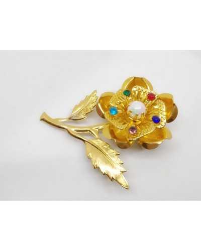 Aplicación Broche Flor Rosa Strass Color Dorado Perla Blanca 6x5 Cm