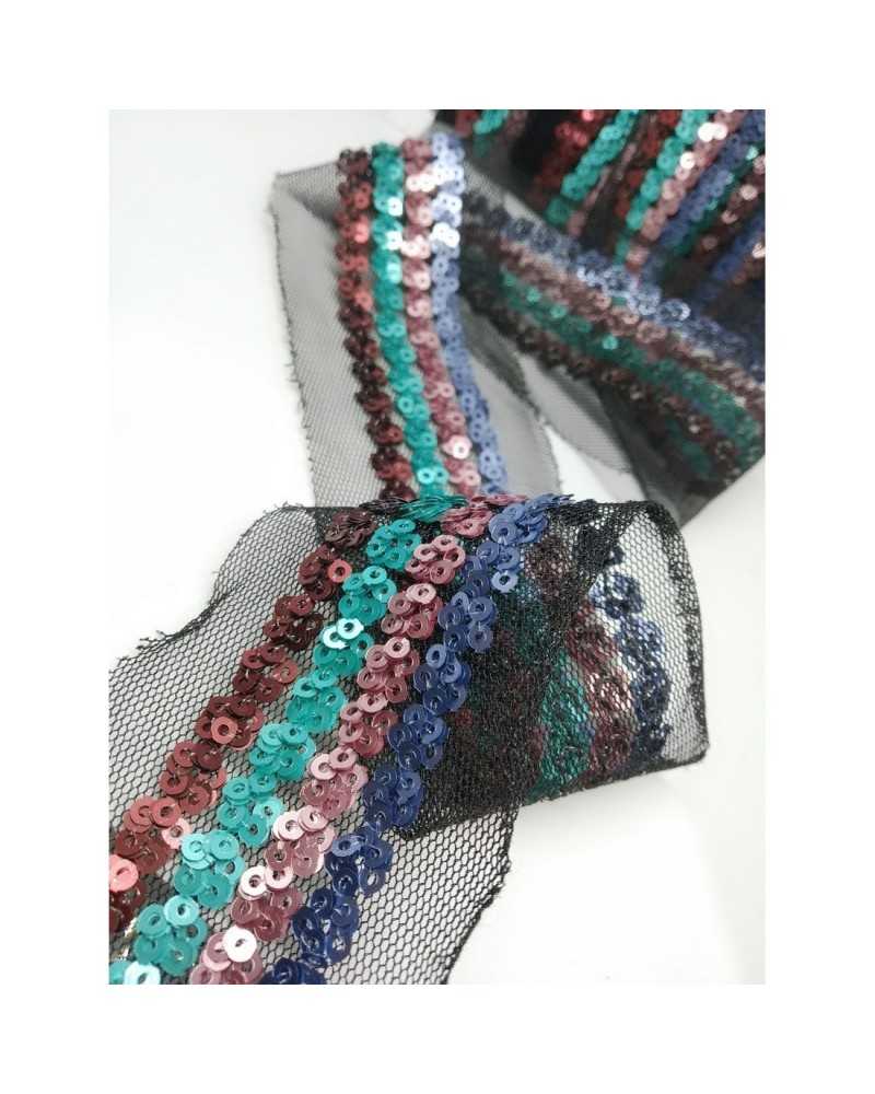 50 cm Besatzbordüre, Mini-farbige Pailletten, schwarze Tüllbasis, 3 cm hoch