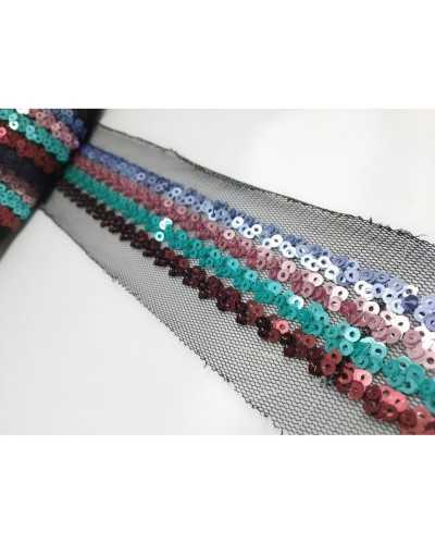 50 cm Besatzbordüre, Mini-farbige Pailletten, schwarze Tüllbasis, 3 cm hoch