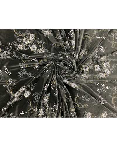 Glänzender bi-elastischer Samtstoff mit bedruckten Devorè-Blumen, 150 cm hoch