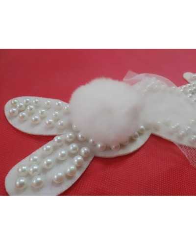 Application Fashion White Milk Rabbit Pannolenci Pearls Studs Pom Pom Fur Top 25x12 Cm