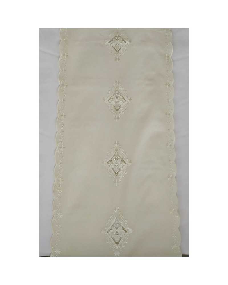 LINEN CURTAIN FABRIC WITH MACRAME' MEDALLION SCALLOPED ON THE SIDE 60 CM HIGH
