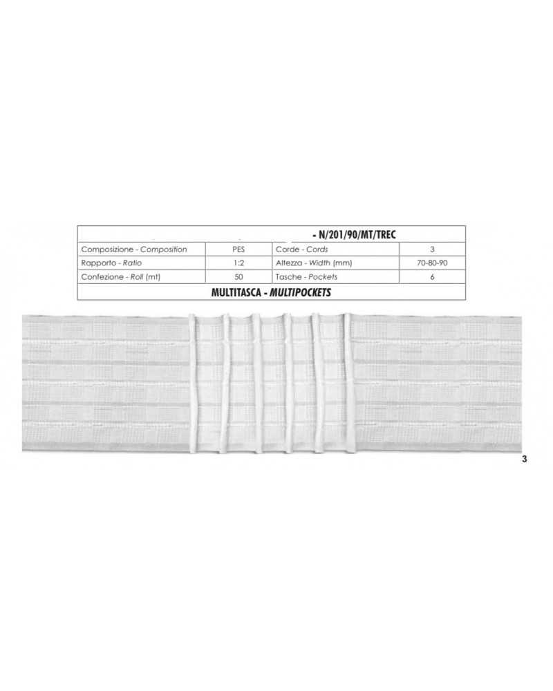 Tringle à Rideau Multi Poches Blanche 3 Fils Ruban 6 Poches Haut 9 Cm