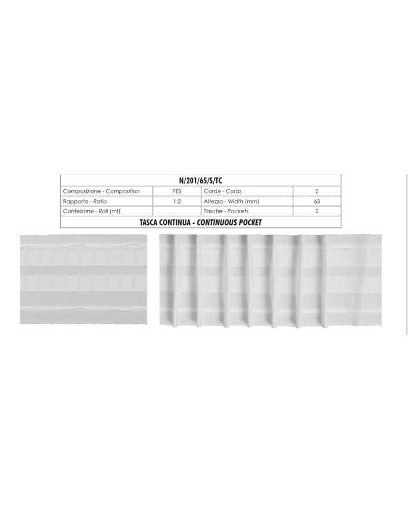 Cortina Draper Blanca Bolsillo Continuo 2 Hilos 2 Bolsillos Alto 65 Mm