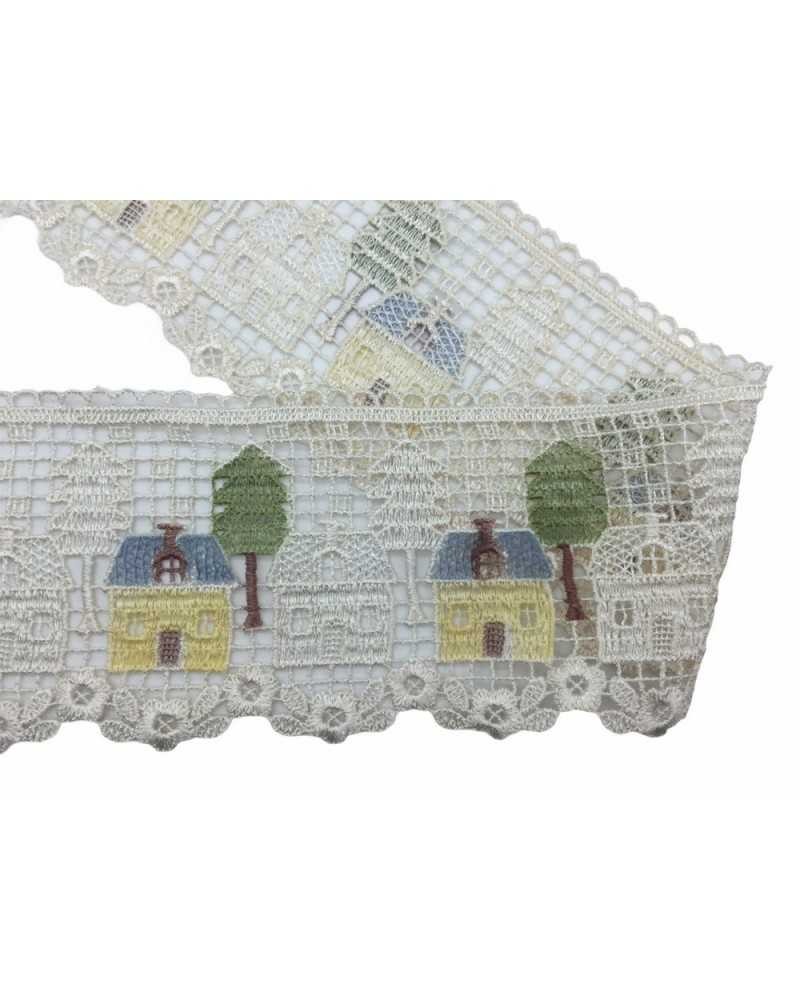 Merletto Macramè Panna Fantasia Punta Casette Alberi Alto Cm 12