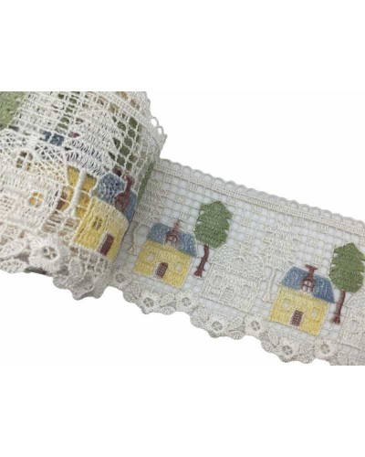 Merletto Macramè Panna Fantasia Punta Casette Alberi Alto Cm 12