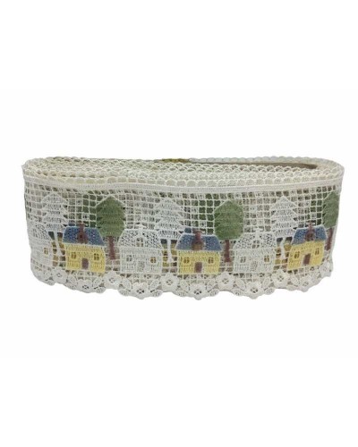 Merletto Macramè Panna Fantasia Punta Casette Alberi Alto Cm 12
