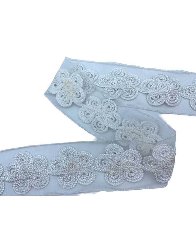 50 Cm Passamaneria Pizzo Tramezzo Fiori Bianco Base Tulle Alto 55 Mm