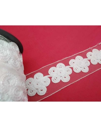 50 Cm Passamaneria Pizzo Tramezzo Fiori Bianco Base Tulle Alto 55 Mm