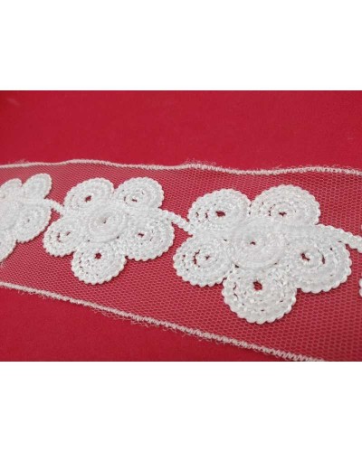 50 Cm Passamaneria Pizzo Tramezzo Fiori Bianco Base Tulle Alto 55 Mm