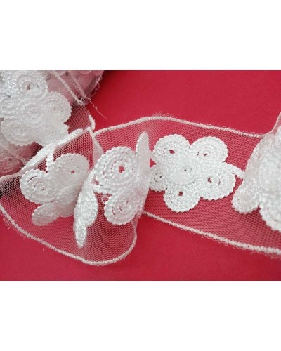 50 Cm Passamaneria Pizzo Tramezzo Fiori Bianco Base Tulle Alto 55 Mm
