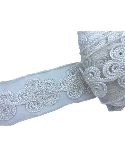 50 Cm Passamaneria Pizzo Tramezzo Fiori Bianco Base Tulle Alto 55 Mm