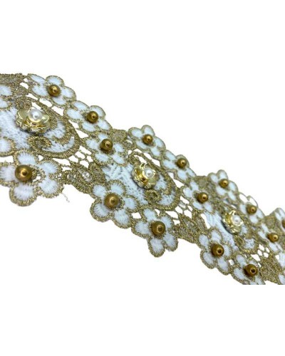 50 Cm Passamaneria Macramè Pizzo Bordo Tramezzo Smerlato Ritagliabile Bianco Oro Lurex Perline Fiore Alto 8 Cm
