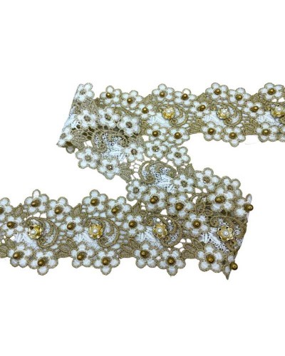 50 Cm Passamaneria Macramè Pizzo Bordo Tramezzo Smerlato Ritagliabile Bianco Oro Lurex Perline Fiore Alto 8 Cm