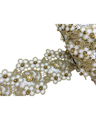 50 Cm Passamaneria Macramè Pizzo Bordo Tramezzo Smerlato Ritagliabile Bianco Oro Lurex Perline Fiore Alto 8 Cm