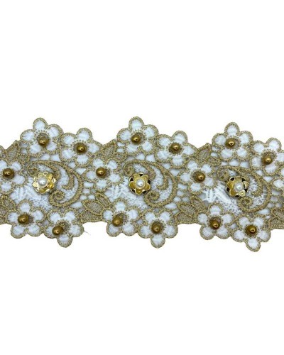 50 Cm Passamaneria Macramè Pizzo Bordo Tramezzo Smerlato Ritagliabile Bianco Oro Lurex Perline Fiore Alto 8 Cm